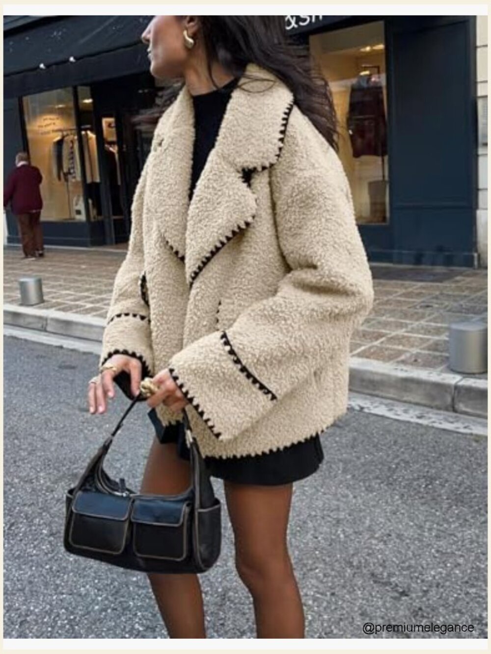 Fuzzy Fleece Embroidered Jacket Notch Lapel Winter Faux Fur Sherpa Coat - Picture 5 of 5